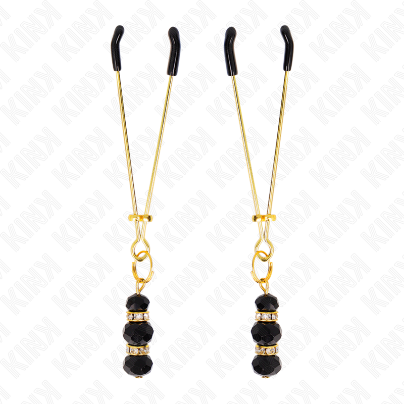 KINK - PINZAS FINAS DORADAS CON 3 PERLAS DE CRISTAL NEGRAS 7 CM