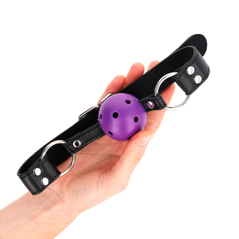 KINK - MORDAZA DE BOLA TRANSPIRABLE 4 CM CON DOBLE REMACHE MORADA 62,5 x 2,5 CM AJUSTABLE 42-58 CM