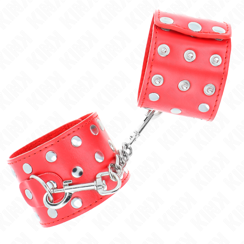 KINK - RESTRICCIONES DE MUÑECAS AJUSTABLES CON CIERRE A PRESIÓN DE COLOR ROJO LLENAS DE REMACHES 19-24 CM X 5,5 CM