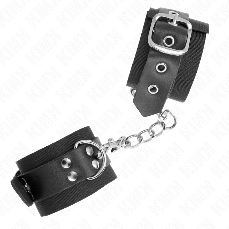 KINK - PUÑOS DE NYLON NEGRO CON CINTURÓN DE CUERO NEGRO AJUSTABLE 19-29 CM X 5,1 CM