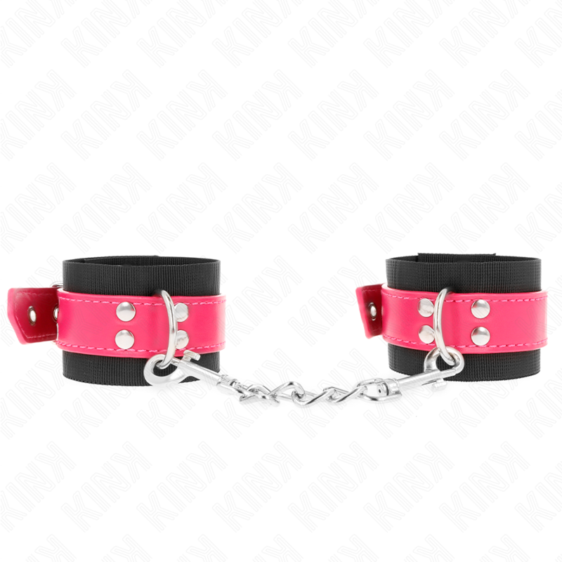 KINK - PUÑOS DE NYLON NEGRO CON CINTURÓN AJUSTABLE DE CUERO ROSA FRAMBUESA 19-29 CM X 5,1 CM