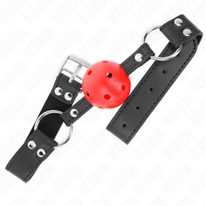 KINK - MORDAZA DE BOLA TRANSPIRABLE DE 4 CM CON DOBLE REMACHE DE CUERO 62,5 X 2,5 CM AJUSTABLE 42-58 CM