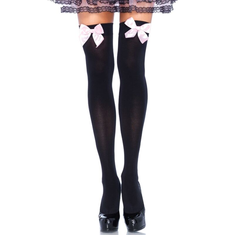 LEG AVENUE - PANTALONES DE NYLON NEGRO CON LAZO ROSA TALLA ÚNICA