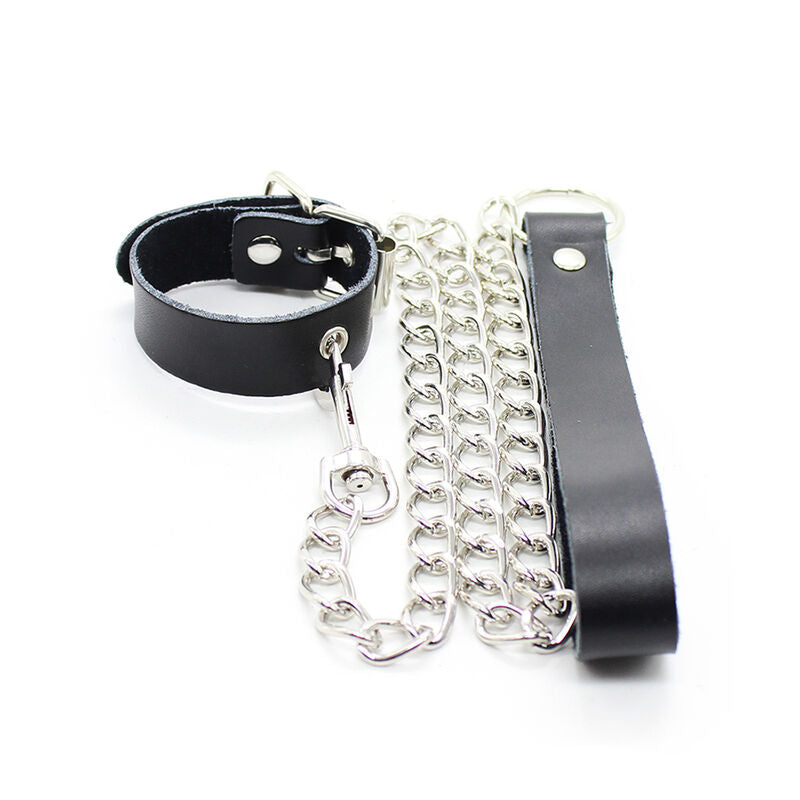 OHMAMA FETISH - CORREA DE CUERO Y COLLAR PARA EL PENE CON CADENA DE METAL