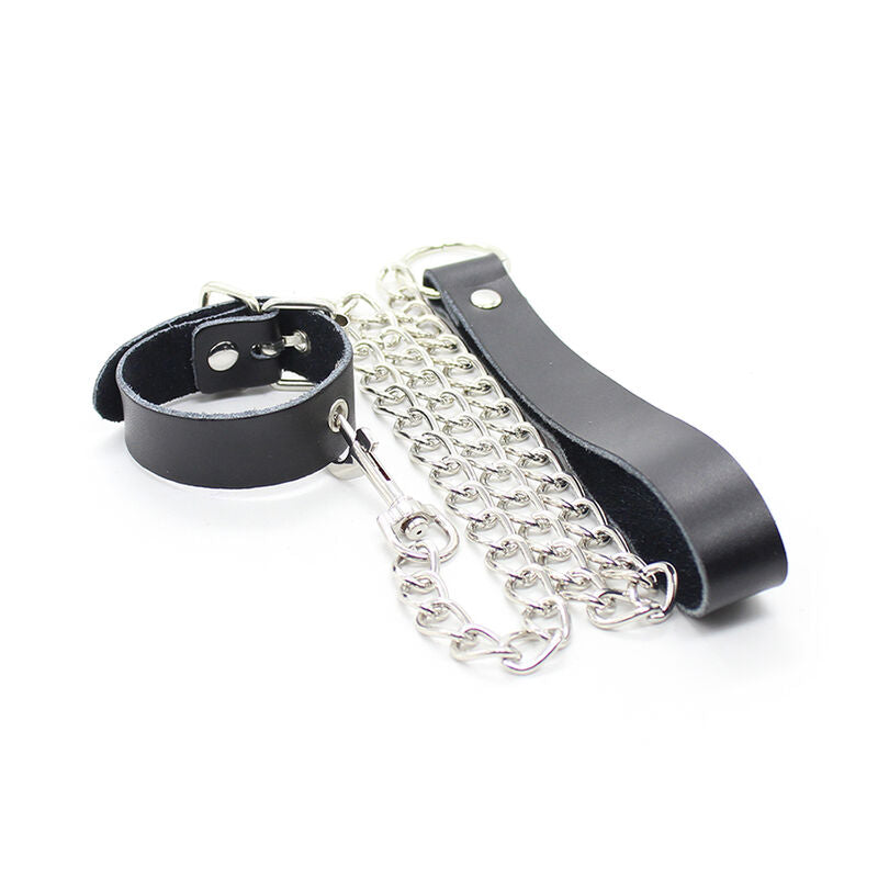 OHMAMA FETISH - CORREA DE CUERO Y COLLAR PARA EL PENE CON CADENA DE METAL