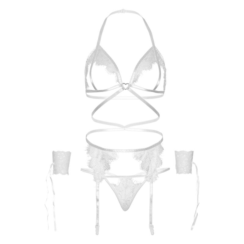 LEG AVENUE - FOUR PIECE SET BRA, G-STRING, GARTER BELT AND WRIST CUFFS ONE SIZE - BLACK