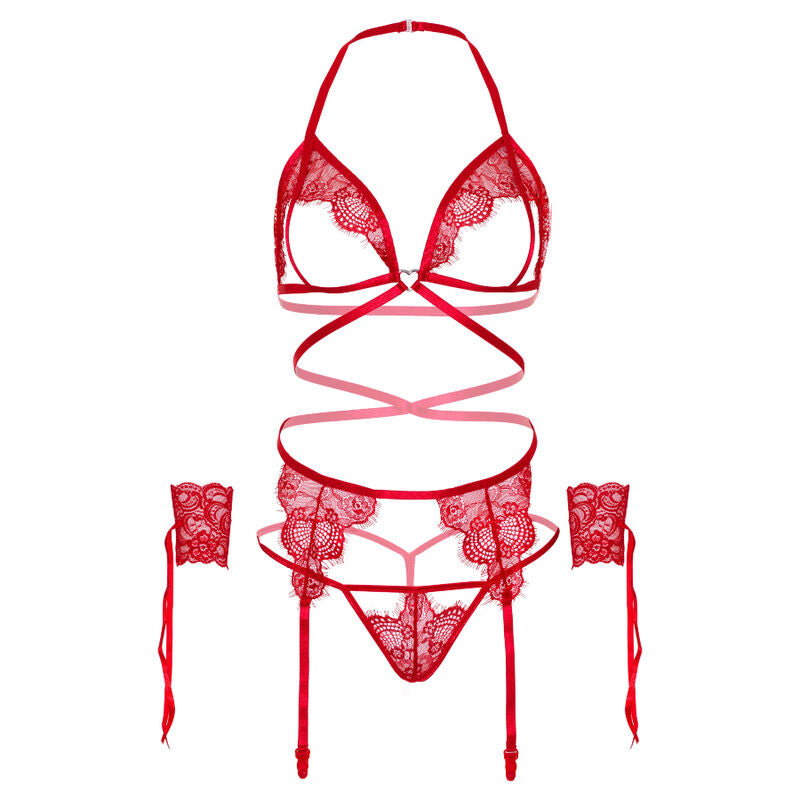LEG AVENUE - FOUR PIECE SET BRA, G-STRING, GARTER BELT AND WRIST CUFFS ONE SIZE - BLACK