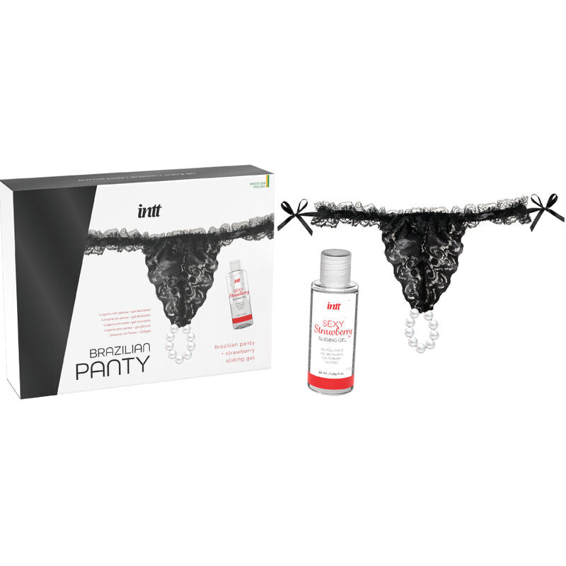 LANZAMIENTOS INTT - PANTALÓN BRASILEÑO NEGRO CON PERLAS Y GEL LUBRICANTE 50 ML