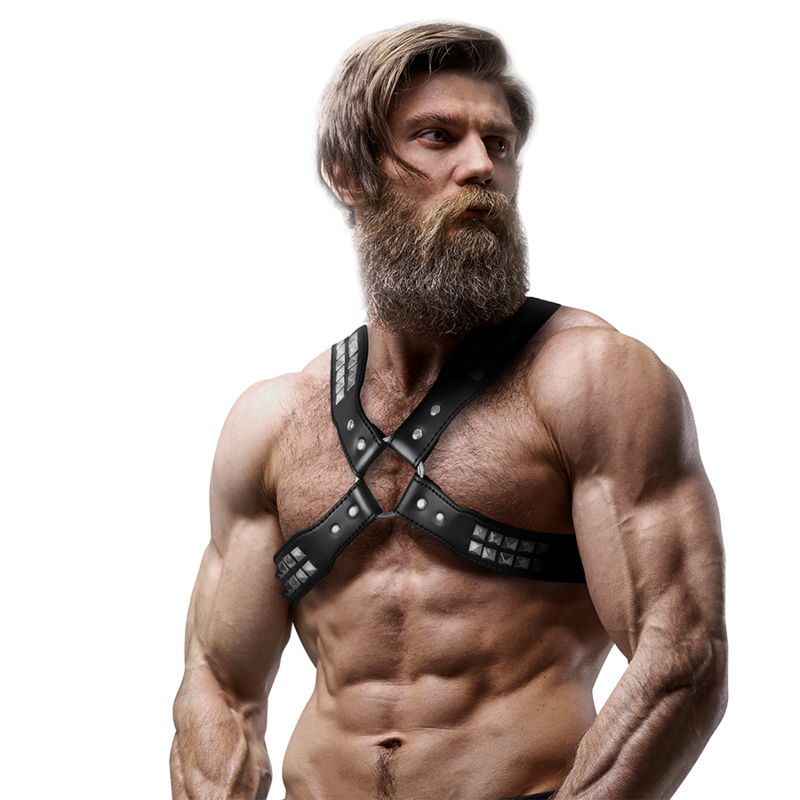 FETISH SUBMISSIVE ATTITUDE - MEN'S CROSS-CHEST ECO-LEATHER HARNESS WITH RIVETS