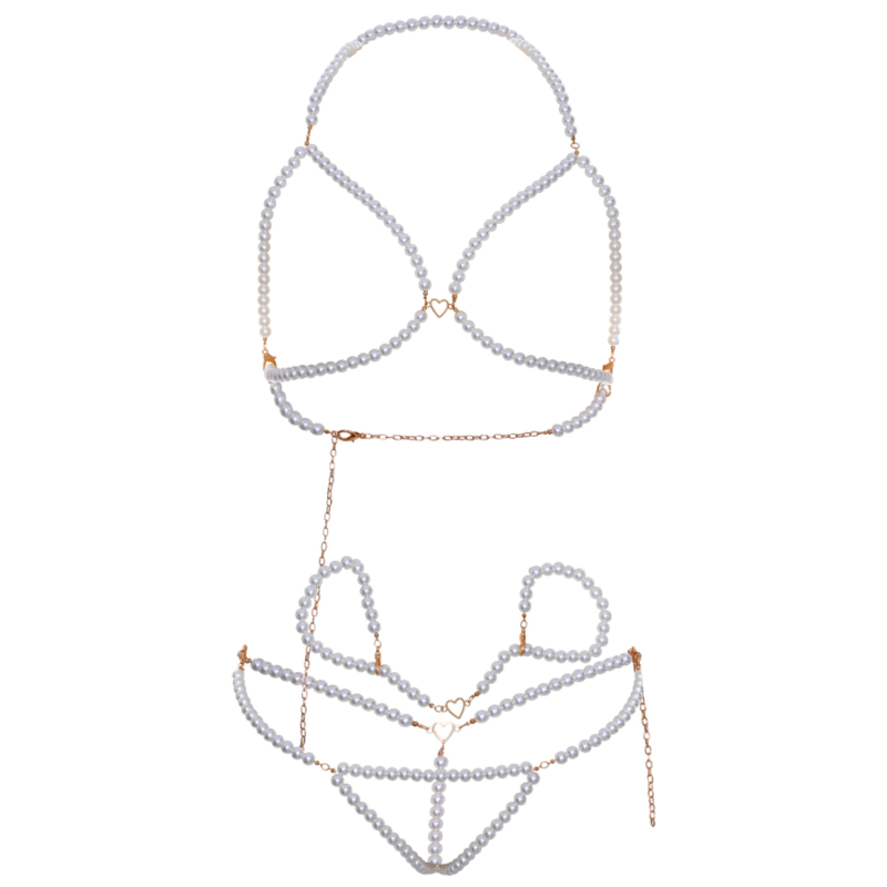 LEG AVENUE - CONJUNTO DE SUJETADOR DE PERLAS Y PULSERA DE TANGA