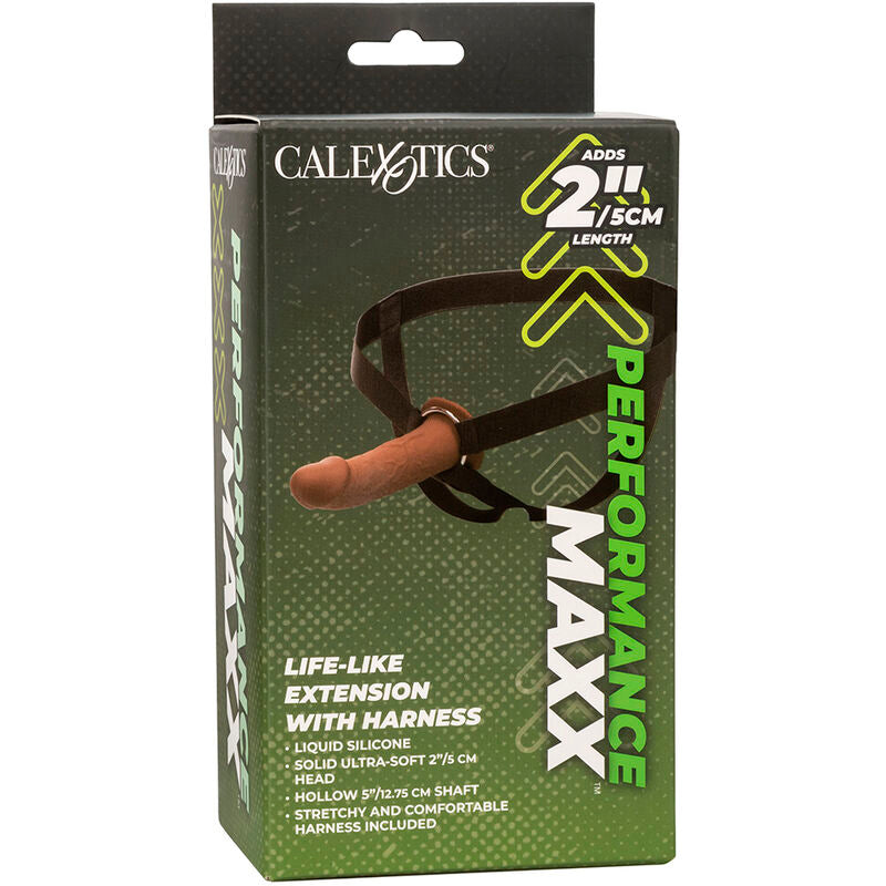 CALEXOTICS - EXTENSIÓN PERFORMANCE MAXX REALISTA CON ARNÉS DE CUERO MARRÓN