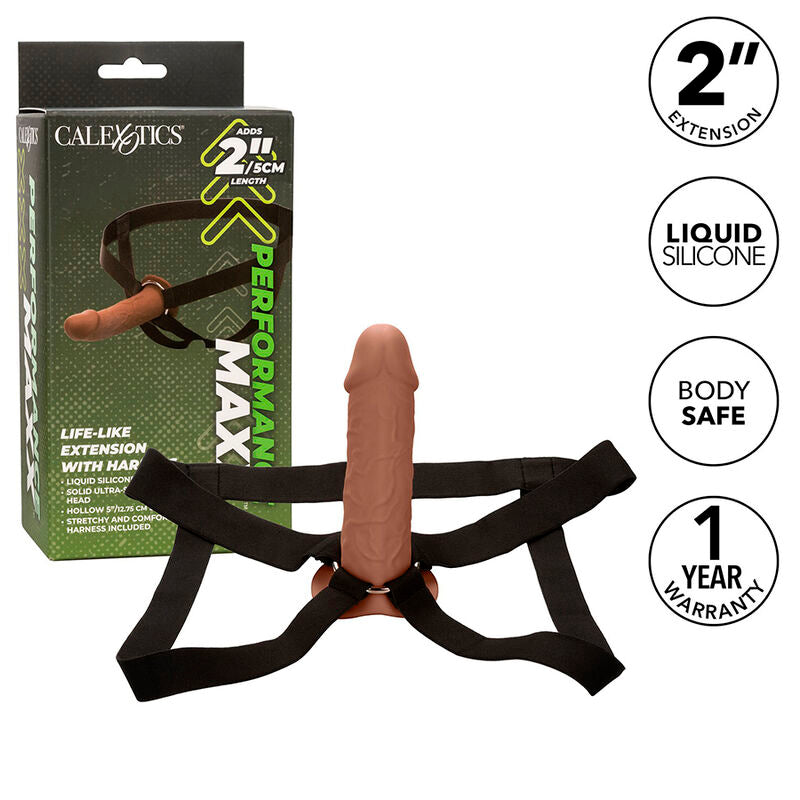 CALEXOTICS - EXTENSIÓN PERFORMANCE MAXX REALISTA CON ARNÉS DE CUERO MARRÓN