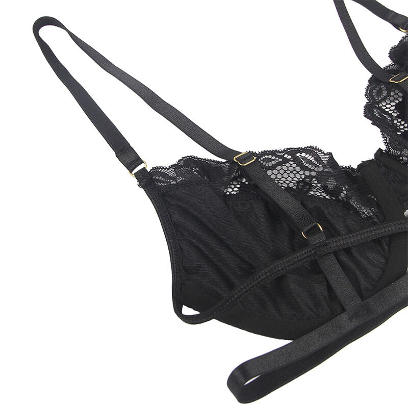 SUBBLIME - CONJUNTO 3 PIEZAS SUJETADOR + TANGA + LIGA DE ENCAJE NEGRO S/M