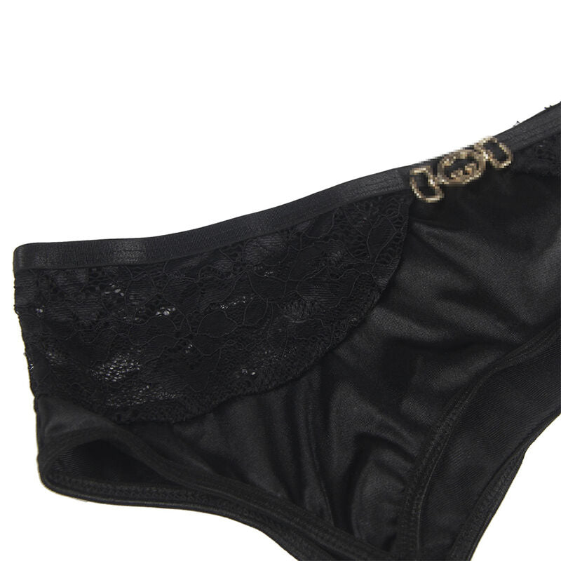 SUBBLIME - CONJUNTO 3 PIEZAS SUJETADOR + TANGA + LIGA DE ENCAJE NEGRO S/M