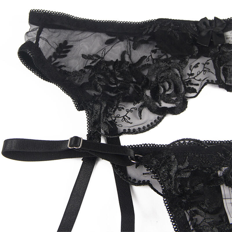 SUBBLIME - 3-PIECE SET BRA + THONG + BLACK FLORAL PRINT GARTER L/XL