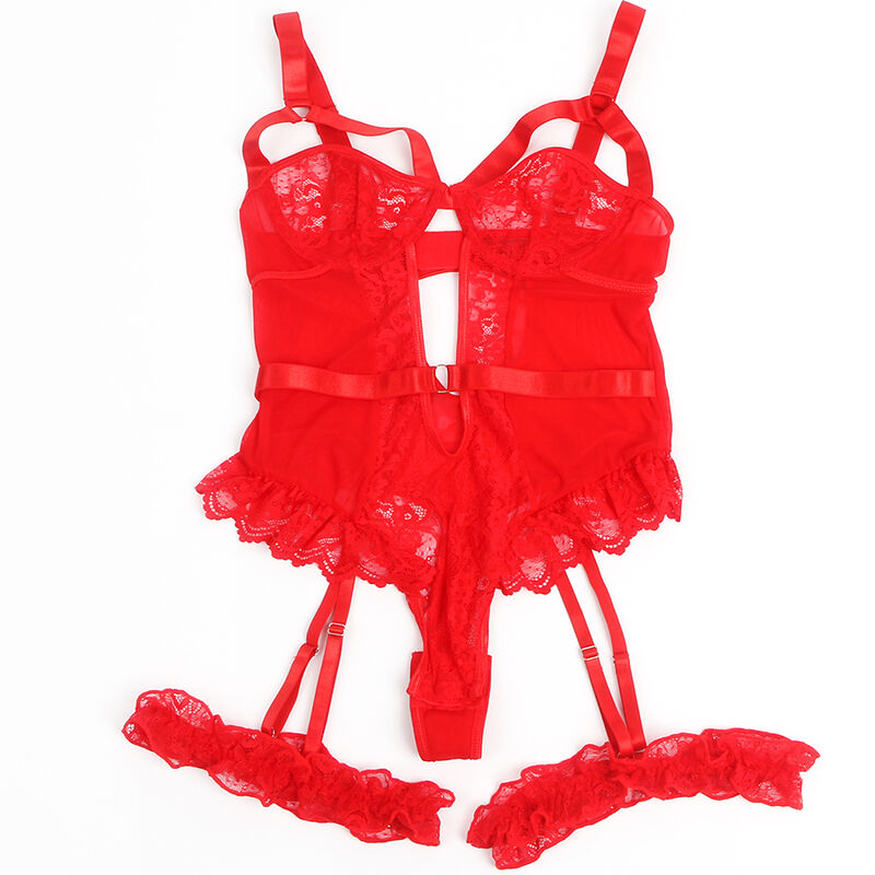 SUBBLIME - TEDDY CON LIGA CON DETALLE DE ENCAJE Y TIRANTES ROJOS S/M