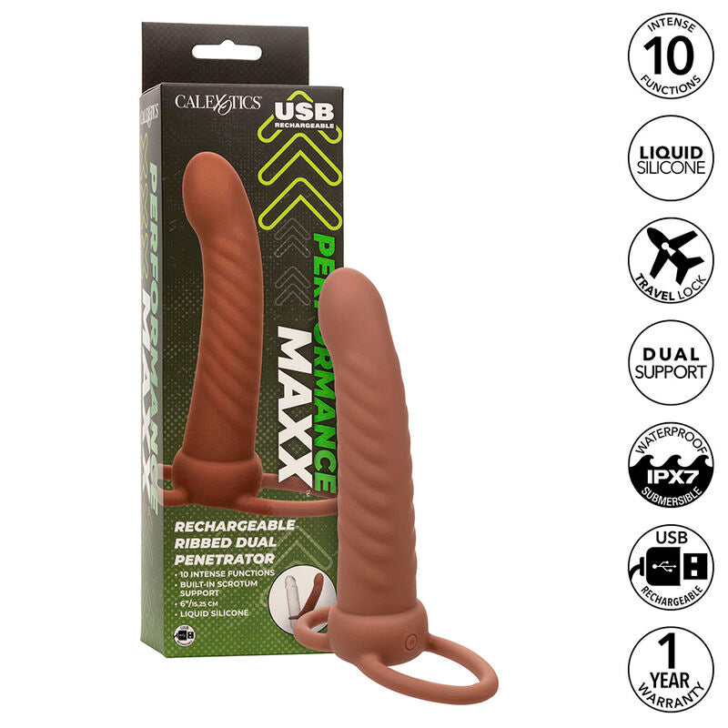 CALEXOTICS - MAXX RIBBED DOBLE PENETRADOR 10 VIBRACIONES MARRÓN