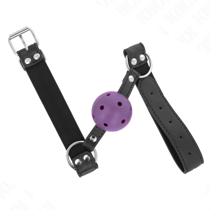 KINK - MORDAZA DE BOLA TRANSPIRABLE 4 CM CON DOBLE REMACHE MORADA 62,5 x 2,5 CM AJUSTABLE 42-58 CM