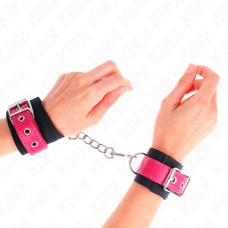 KINK - PUÑOS DE NYLON NEGRO CON CINTURÓN AJUSTABLE DE CUERO ROSA FRAMBUESA 19-29 CM X 5,1 CM