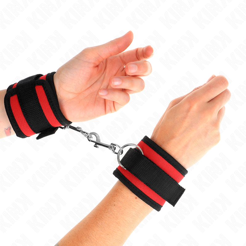 KINK - RESTRICCIONES PARA MUÑECAS DE NYLON CON GANCHO Y BUCLE ROJO-NEGRO MODELO 2 AJUSTABLE 18-35 CM X 6 CM