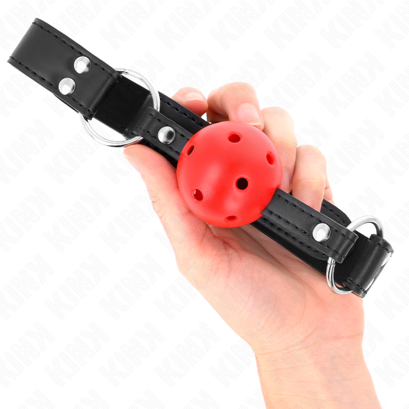 KINK - MORDAZA DE BOLA TRANSPIRABLE DE 4 CM CON DOBLE REMACHE DE CUERO 62,5 X 2,5 CM AJUSTABLE 42-58 CM
