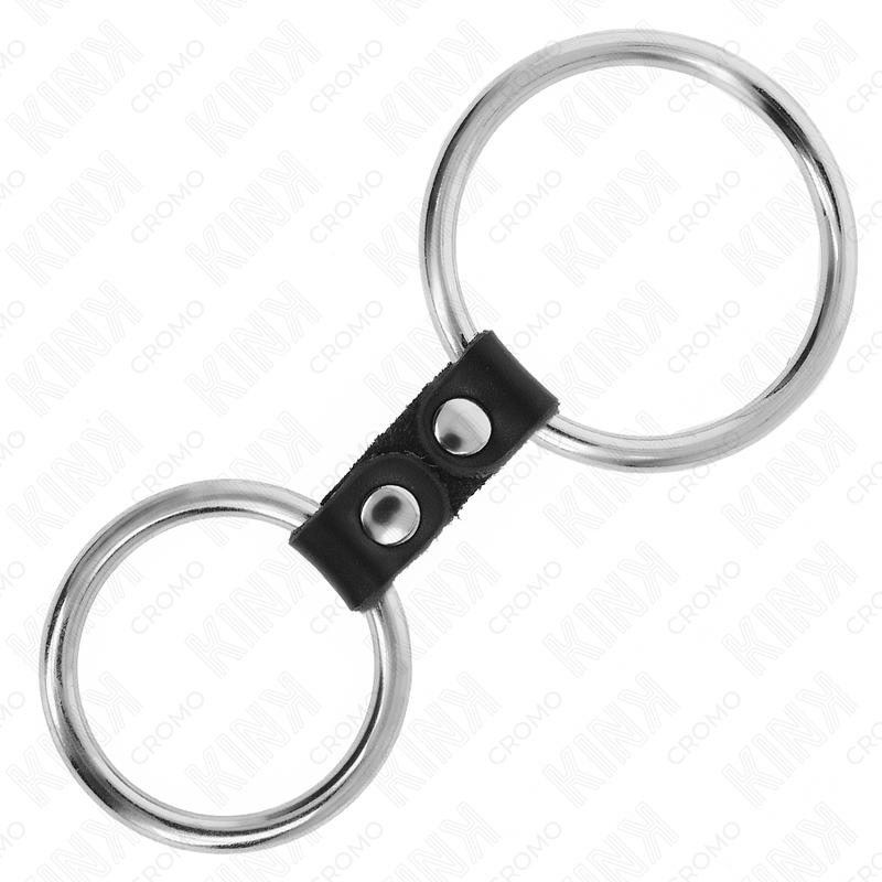 KINK - ANILLO DOBLE DE METAL PARA EL PENE DE 3,7 CM A 5 CM CONECTADO POR CORREA DE CUERO MODELO 2