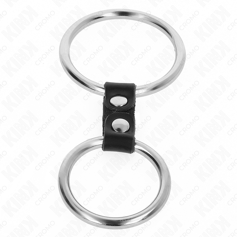 KINK - ANILLO DOBLE DE METAL PARA EL PENE DE 3,7 CM A 5 CM CONECTADO POR CORREA DE CUERO MODELO 2