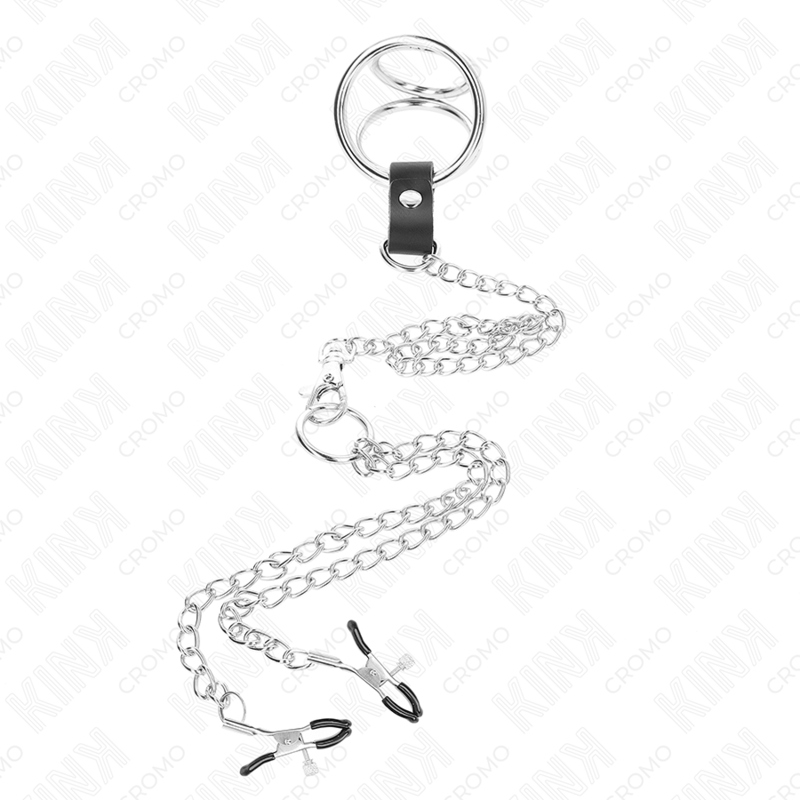 KINK - ANILLO PARA PENE TRIPLE DE METAL CROMADO DE 3,8 CM A 5 CM CON CADENA DE METAL DE 26 CM Y PINZAS PARA PEZONES MODELO 1