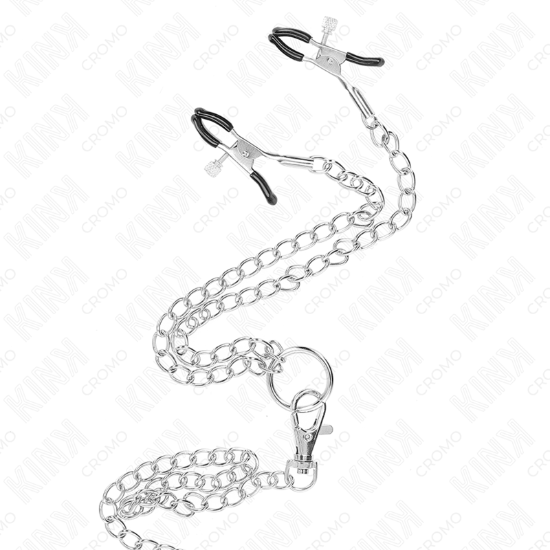 KINK - ANILLO PARA PENE TRIPLE DE METAL CROMADO DE 3,8 CM A 5 CM CON CADENA DE METAL DE 26 CM Y PINZAS PARA PEZONES MODELO 1
