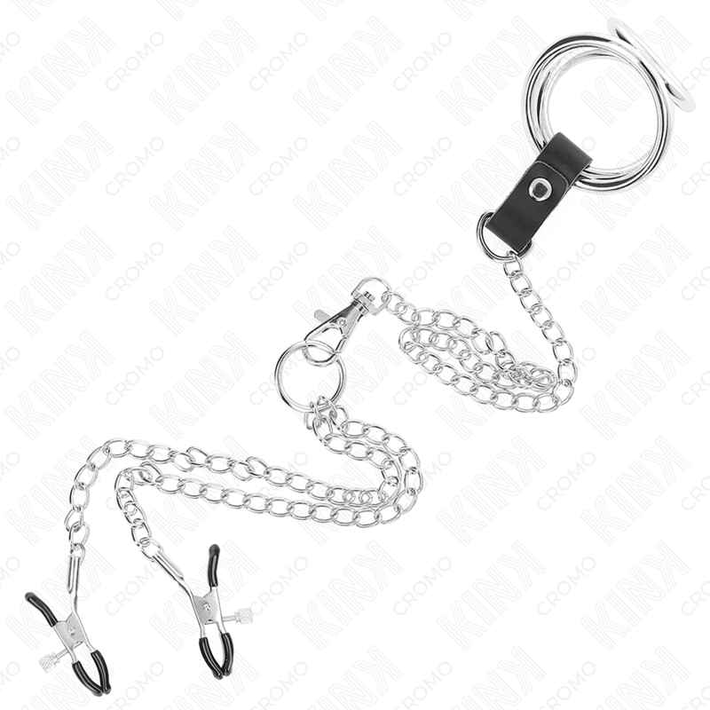 KINK - ANILLO PARA PENE TRIPLE DE METAL CROMADO DE 3,8 CM A 5 CM CON CADENA DE METAL DE 26 CM Y PINZAS PARA PEZONES MODELO 1