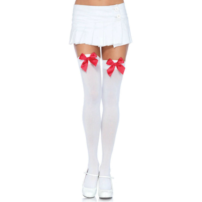 LEG AVENUE - MUSLOS DE NYLON CON LAZO BLANCO/ROJO