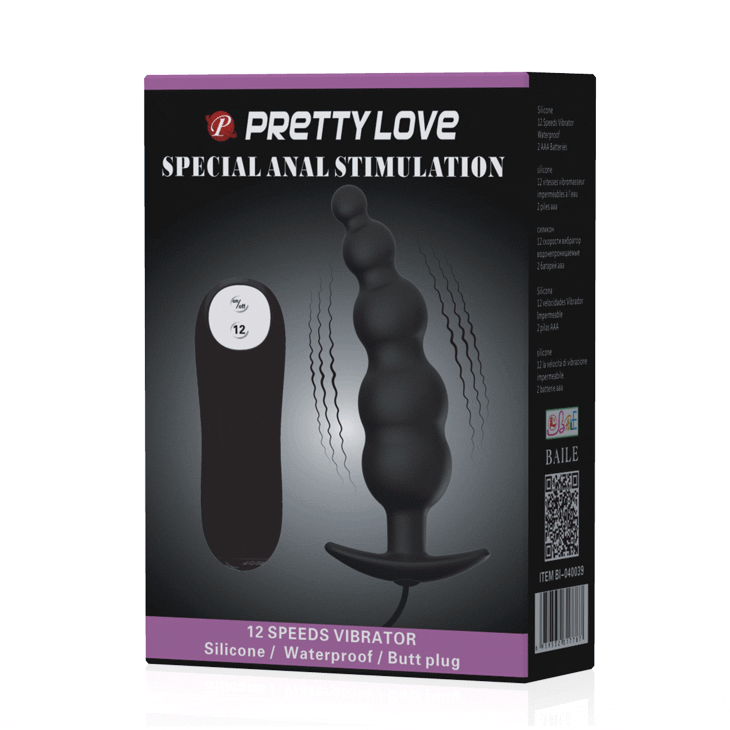 PRETTY LOVE - EXTRA STIMULATION SILICONE ANAL PLUG WITH 12 VIBRATION MODES - BLACK