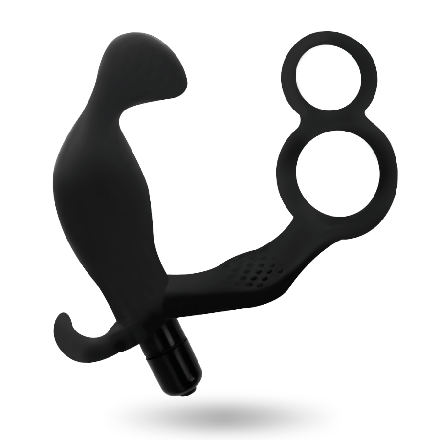 JUGUETES ADICTIVOS - PLUG ANAL CON DOBLE ANILLO PARA EL PENE Y TESTICULOS NEGROS