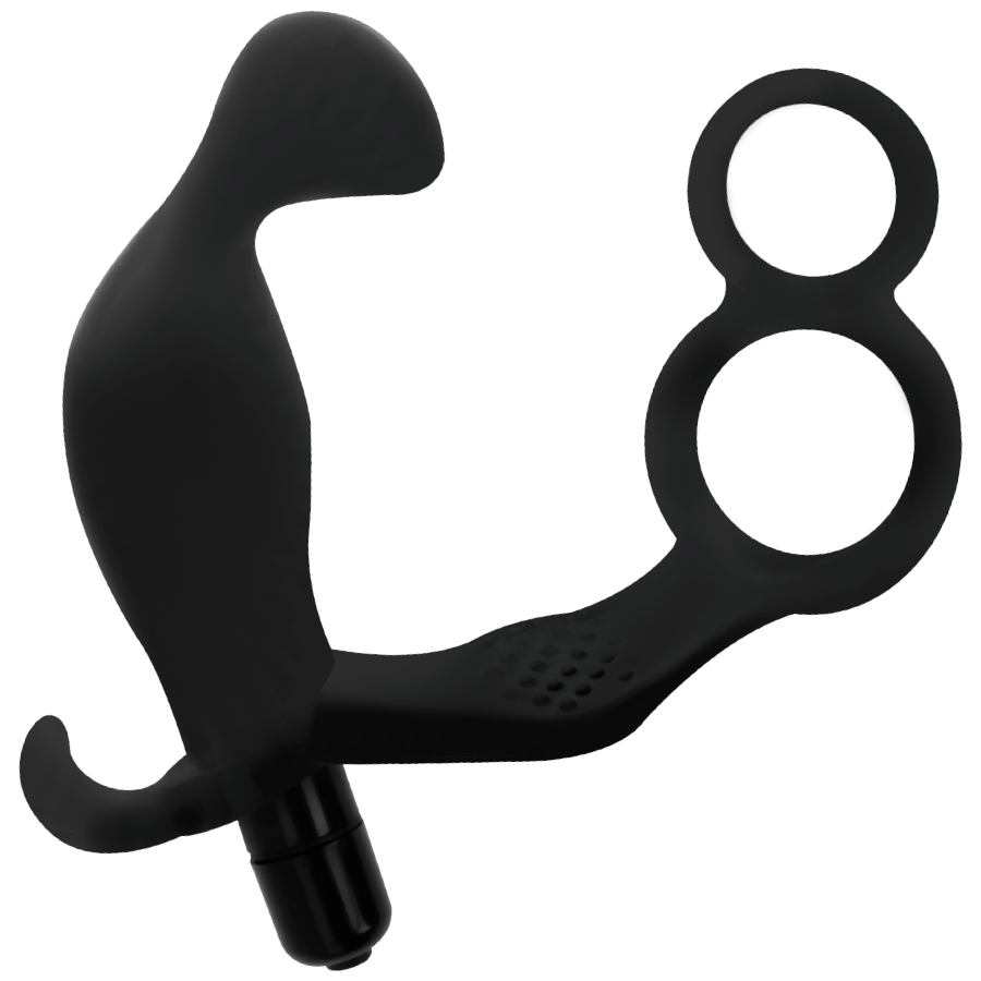 JUGUETES ADICTIVOS - PLUG ANAL CON DOBLE ANILLO PARA EL PENE Y TESTICULOS NEGROS